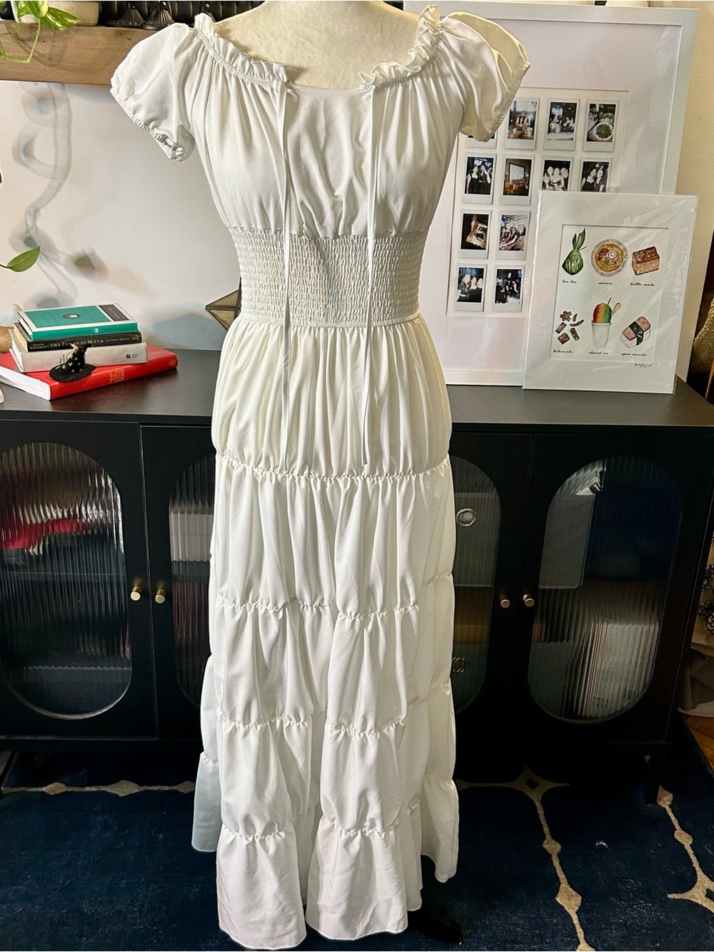White Maxi Chemise/Peasant Dress - Smocked Waist & Tiered Ruffle Skirt
